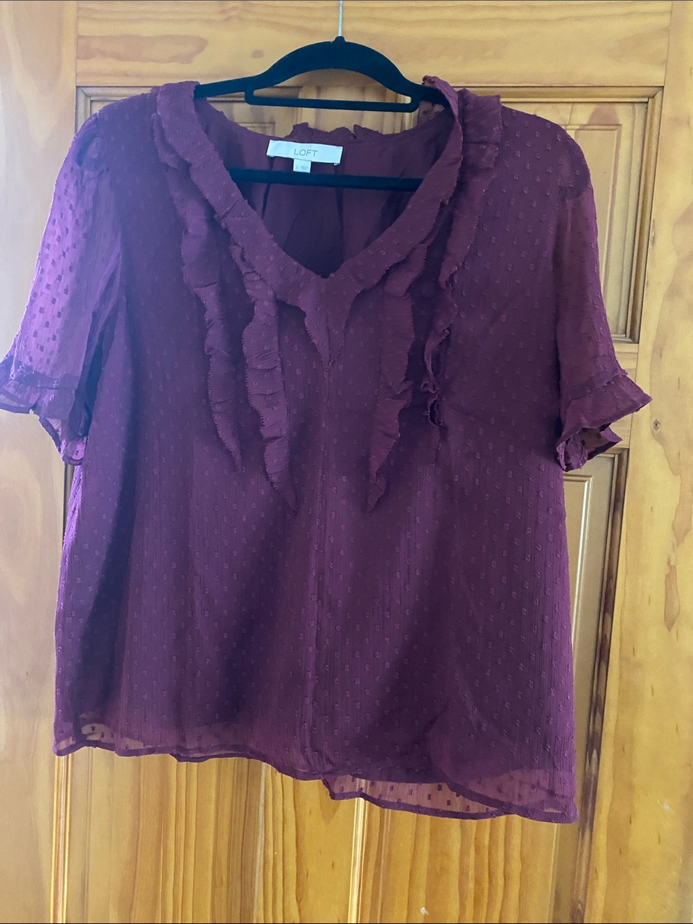 LOFT Plum Ruffle V-Neck Textured Blouse